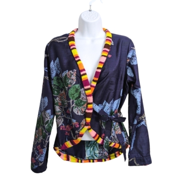Aoyama Itchome Women 100% Pure Silk Blue Floral Wrap Jacket Lightweight Size M - Picture 1 of 8